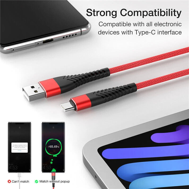 Heavy Duty Braided USB C Type-C Fast Charging Data Sync Charger lot Long Cord