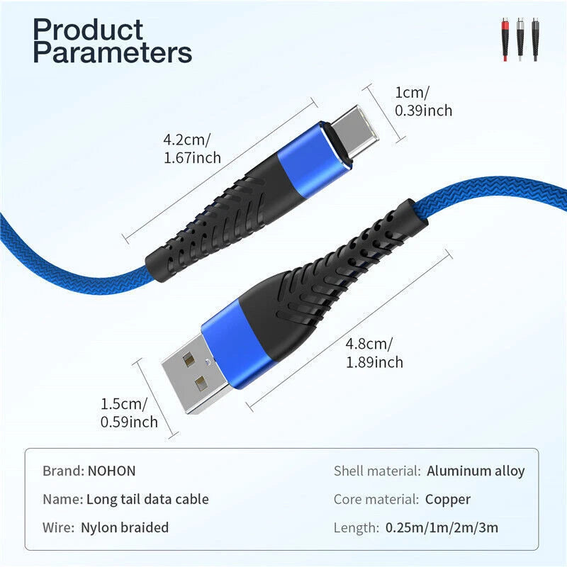 Heavy Duty Braided USB C Type-C Fast Charging Data Sync Charger lot Long Cord
