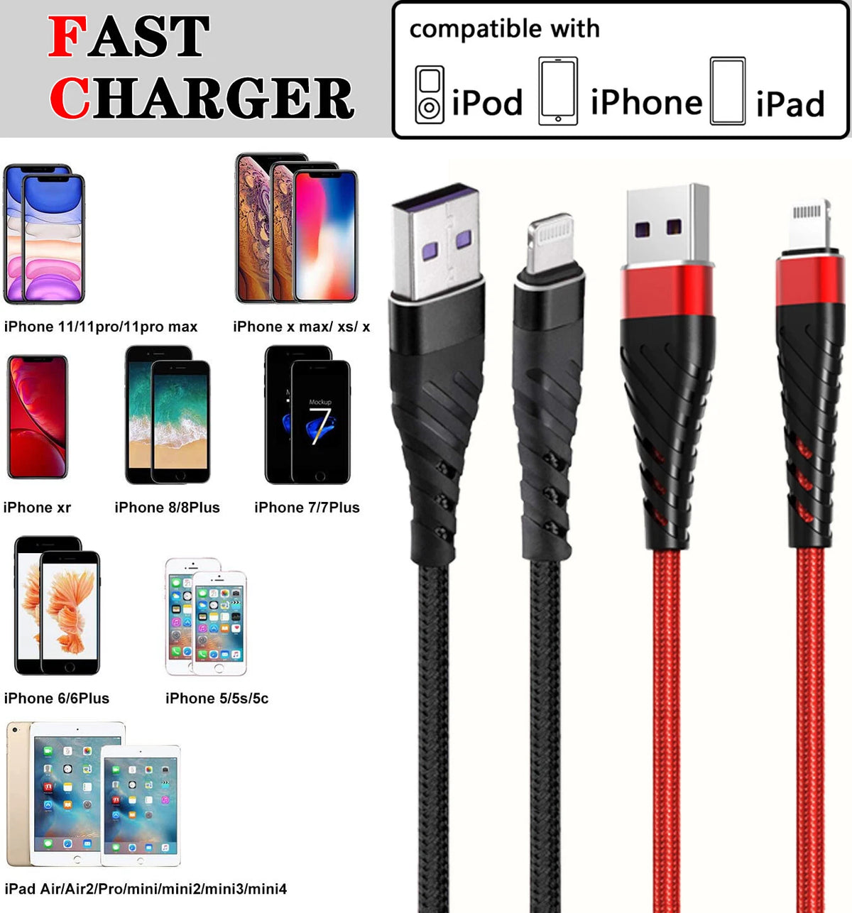 Braided Fast Charger Cable Heavy Duty USB lot Cord Fit iPhone 14 13 12 11 X XR 8