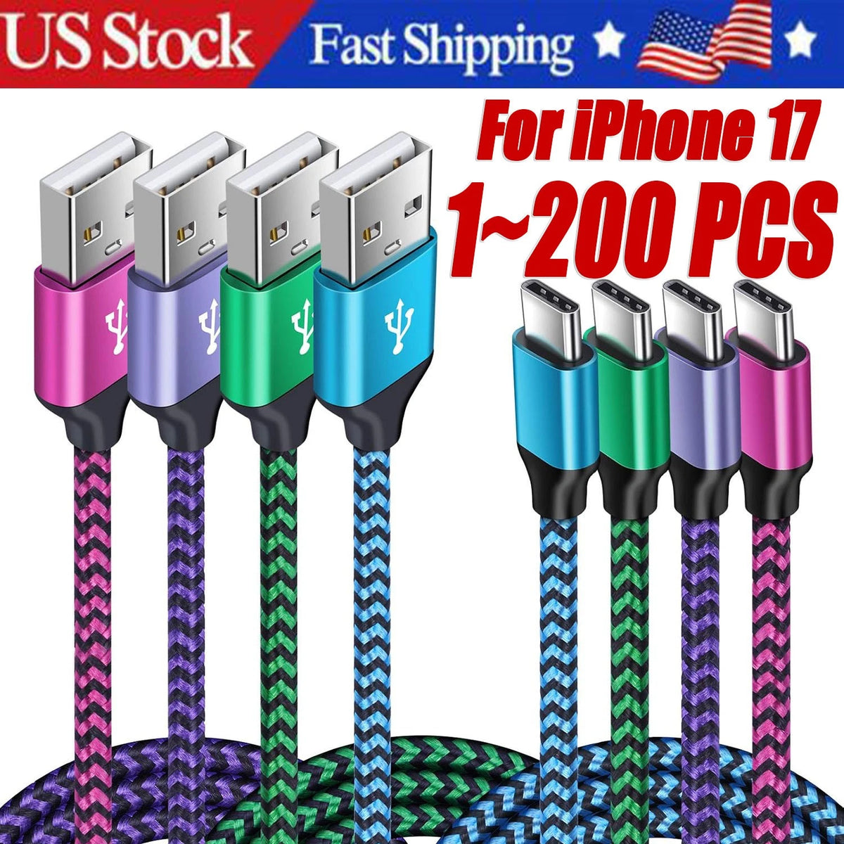 Braided USB to Type-C Fast Charging Data SYNC Charger Cable Cord 3/6/10FT LOT