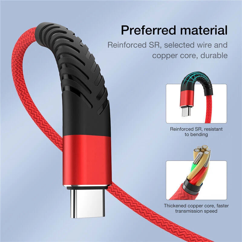 Heavy Duty Braided USB C Type-C Fast Charging Data Sync Charger lot Long Cord