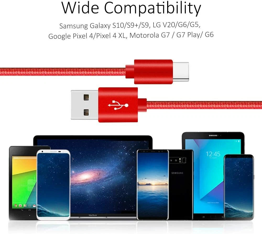 Braided USB to Type-C Fast Charging Data SYNC Charger Cable Cord 3/6/10FT LOT