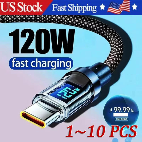 120w Super Fast USB Type-C Charging Braid Phone Charger Lead with Display LOT