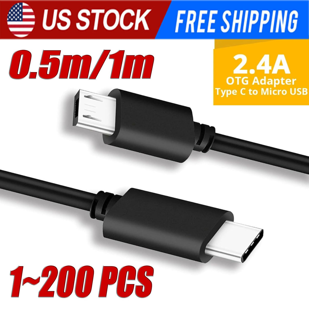 USB Type C to Micro 5V/2.4A Data &amp; Sync Transfer OTG charging cable - Black LOT