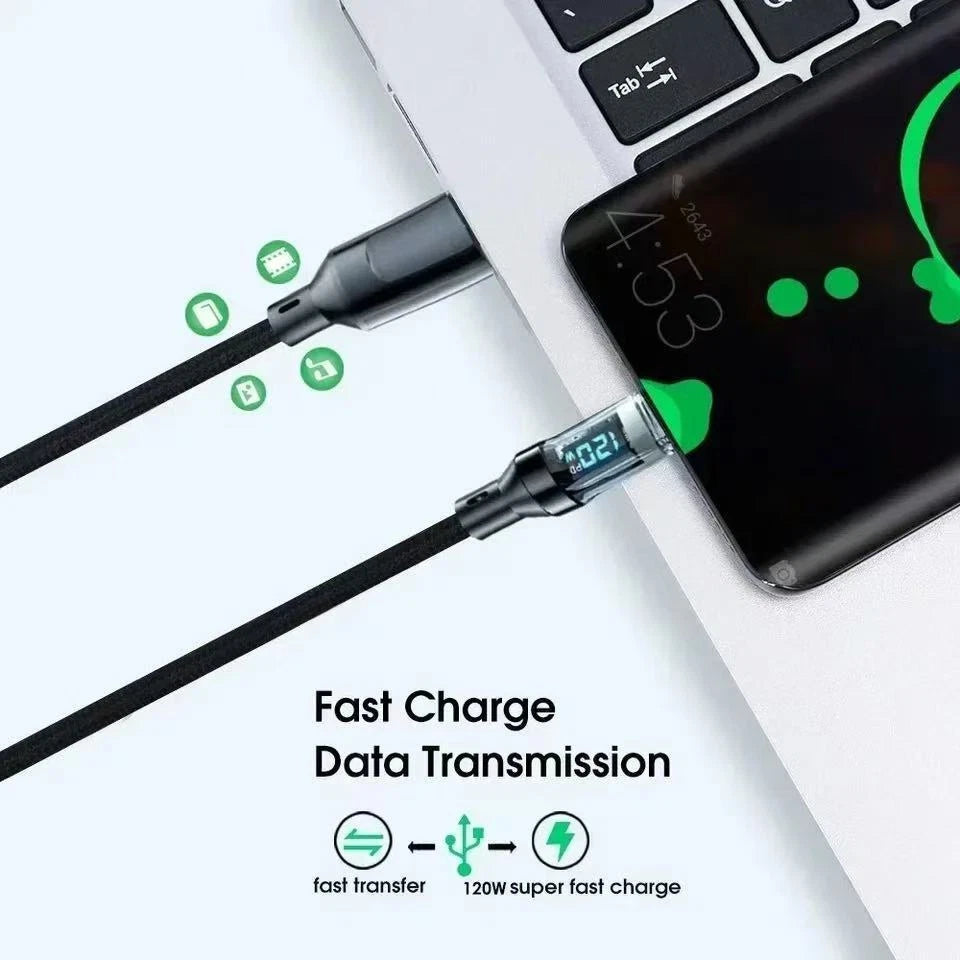 120w Super Fast USB Type-C Charging Braid Phone Charger Lead with Display LOT