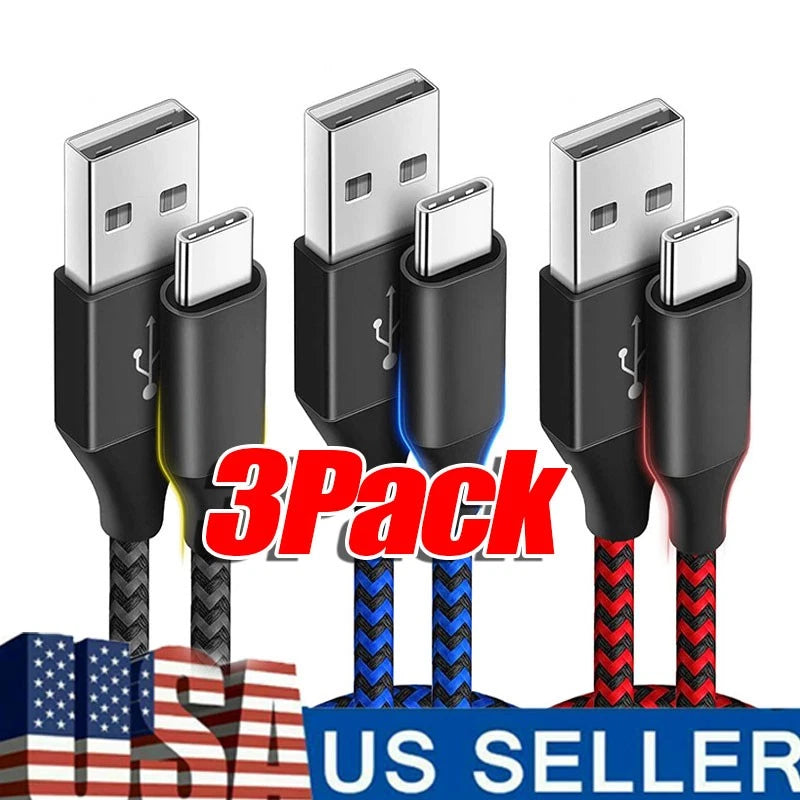 3-Pack Braided USB C Type-C Fast Charging Data SYNC Charger Cable Cord 3/6/10FT